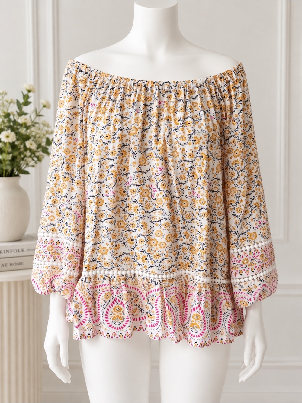Fever Women's Yellow Cream Floral Off-Shoulder Peasant Top Size S